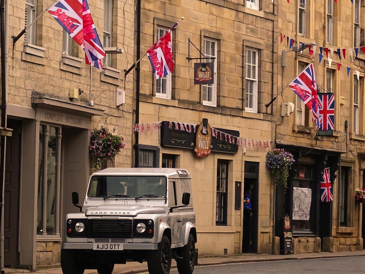 A silver Land Rover parked on a street with stone buildings decorated with Union Jack flags and bunting, and a shop sign reading Mr. Wolf