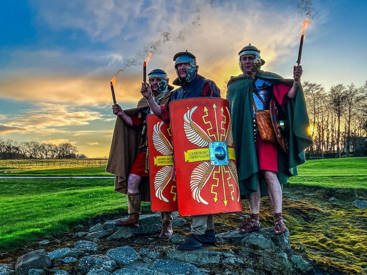 Image credit Vindolanda near Hexham. Three people dressed as Roman soldiers holding flaming torches and large red shields with yellow designs, standing on rocky ground at sunset